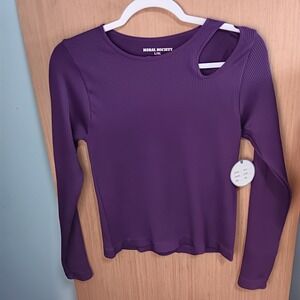 Moral Society Plum Ribbed Cutout Long Sleeve Top Trendy‎ Casual L/XL